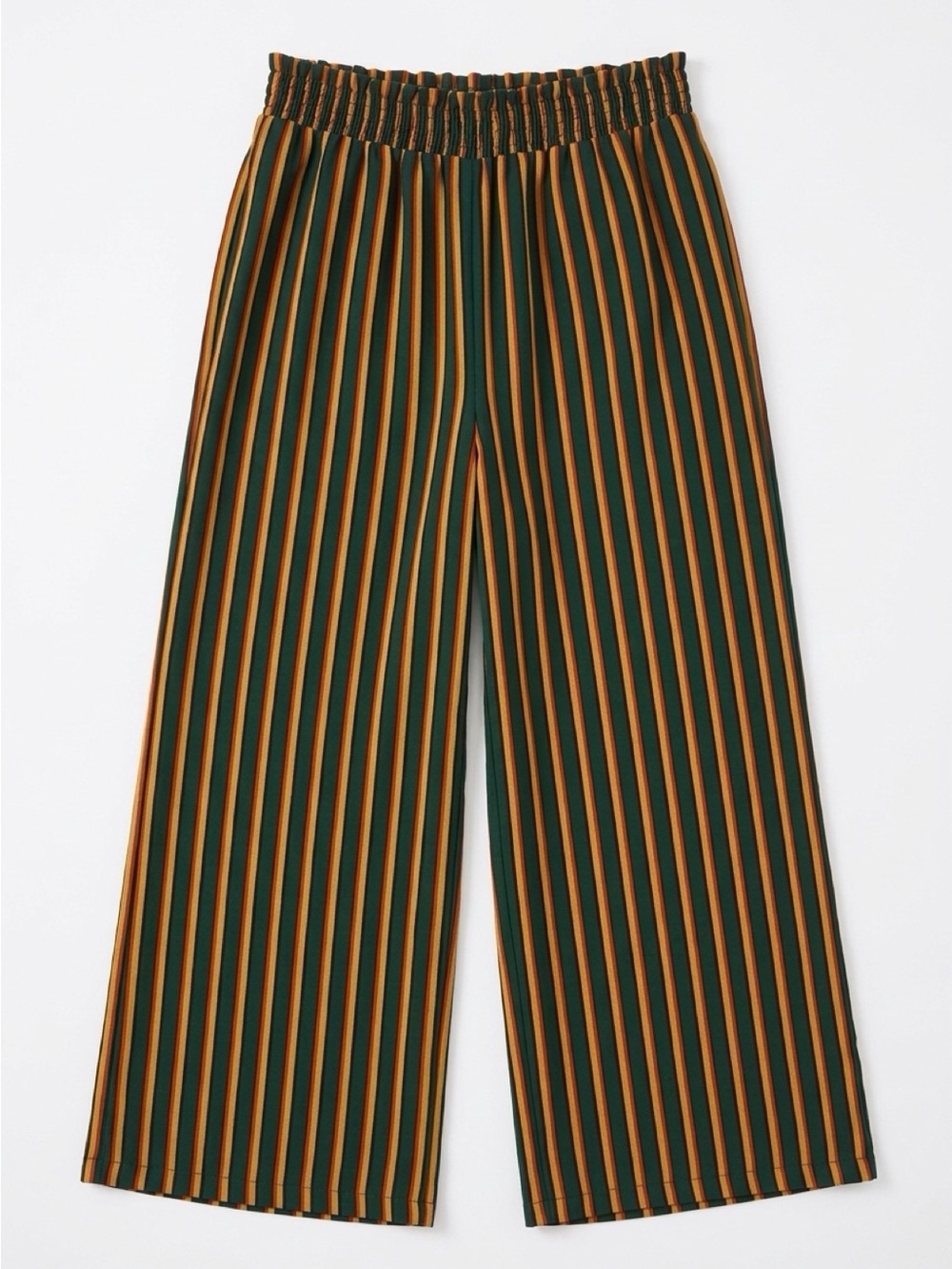 Elastic-Waist Wide-Leg Pants in Forest Green & Mustard